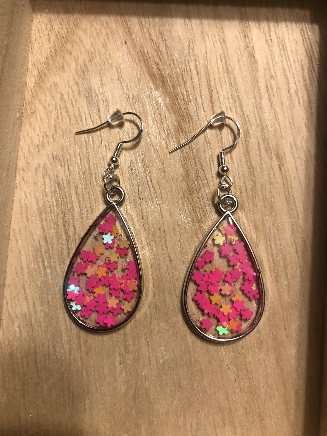 Pink & Orange Flower Glitter Dangle Earrings