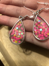 Load image into Gallery viewer, Pink &amp; Orange Flower Glitter Dangle Earrings
