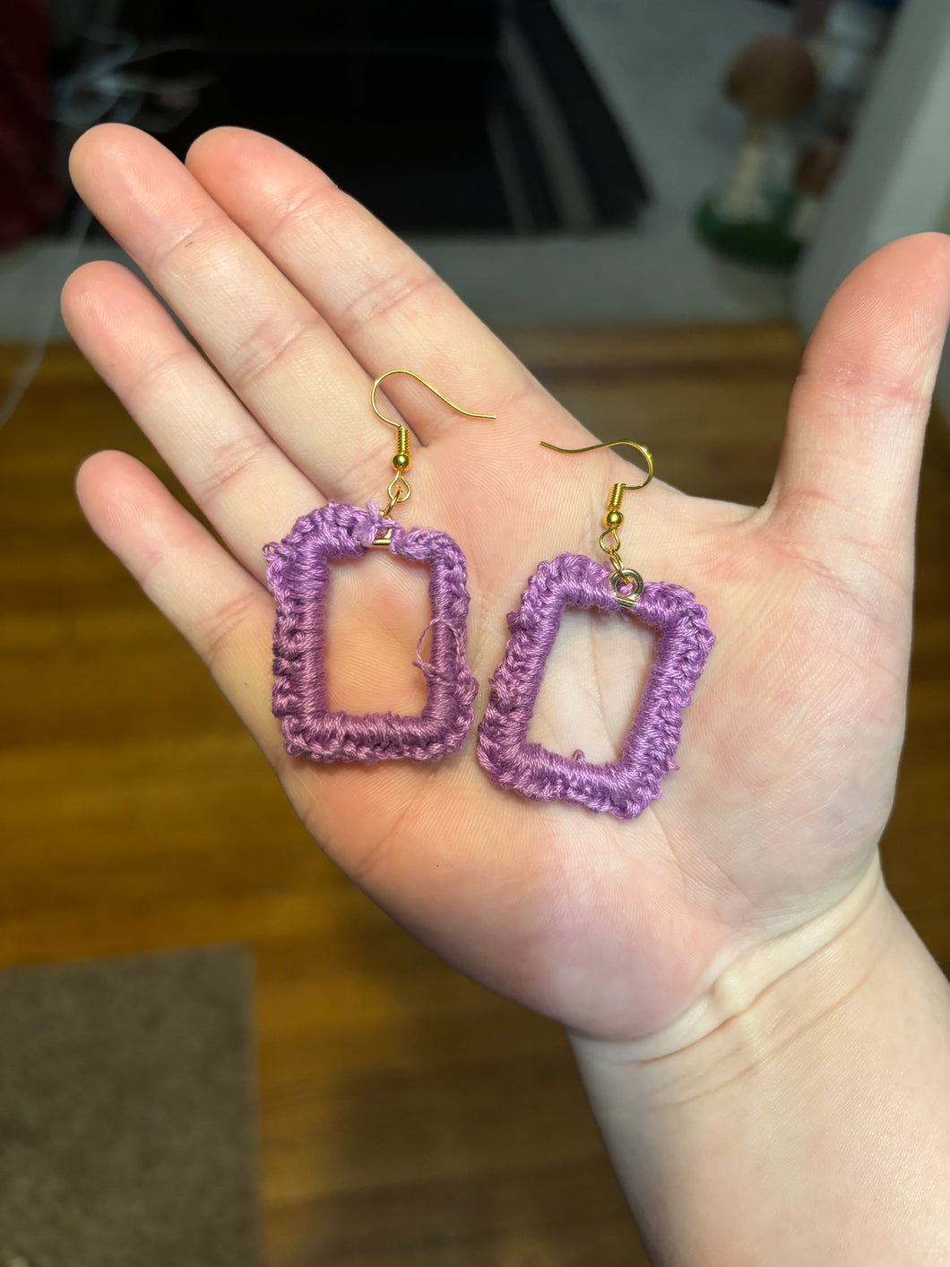 Crocheted Purple Square Dangle Earrings