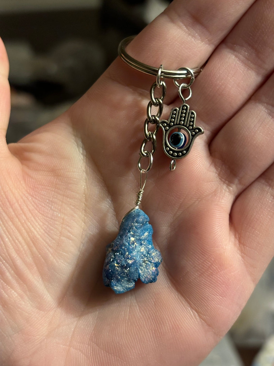 Blue Aura Quartz Crystal & Hamsa Hand Charm Keychain