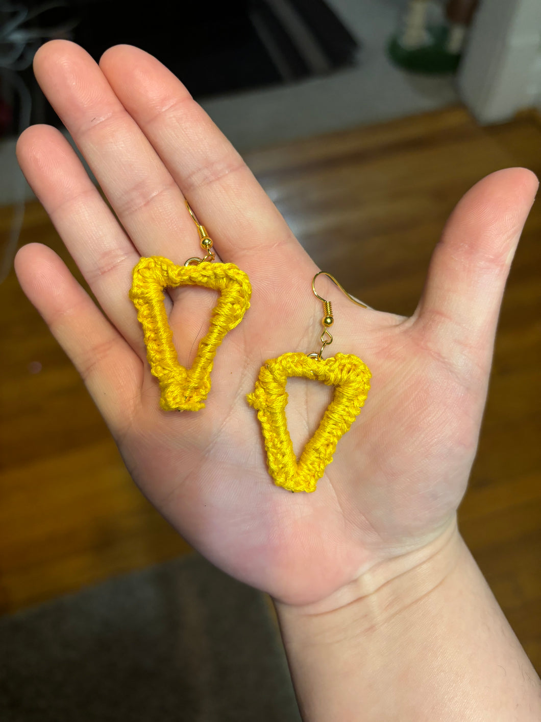 Crocheted Yellow Triangle Dangle Earrings