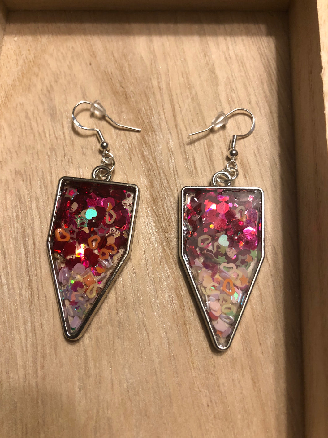 Red & Pink Heart Glitter Dangle Earrings