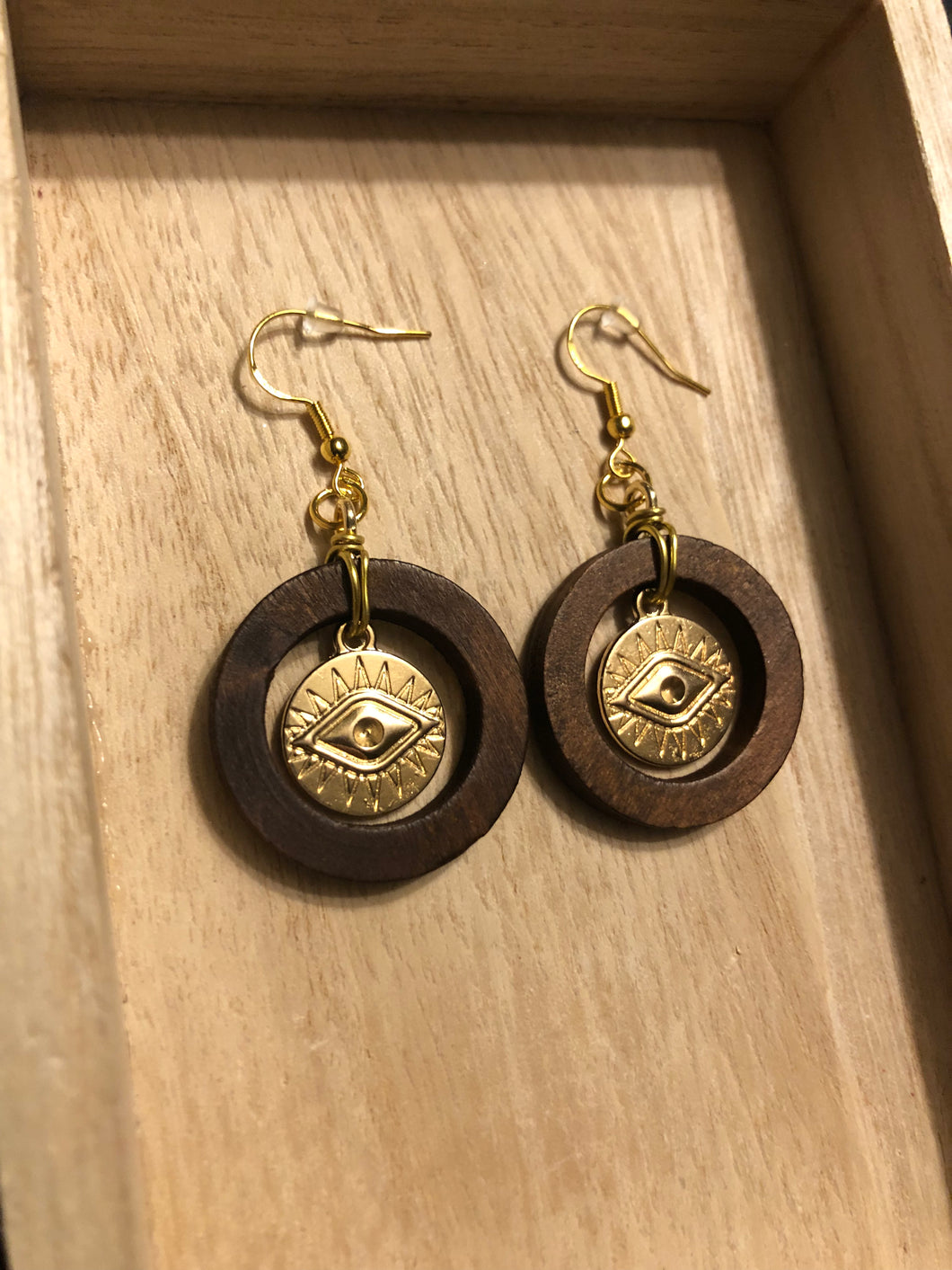 Evil Eye in Wooden Frame Dangle Earrings