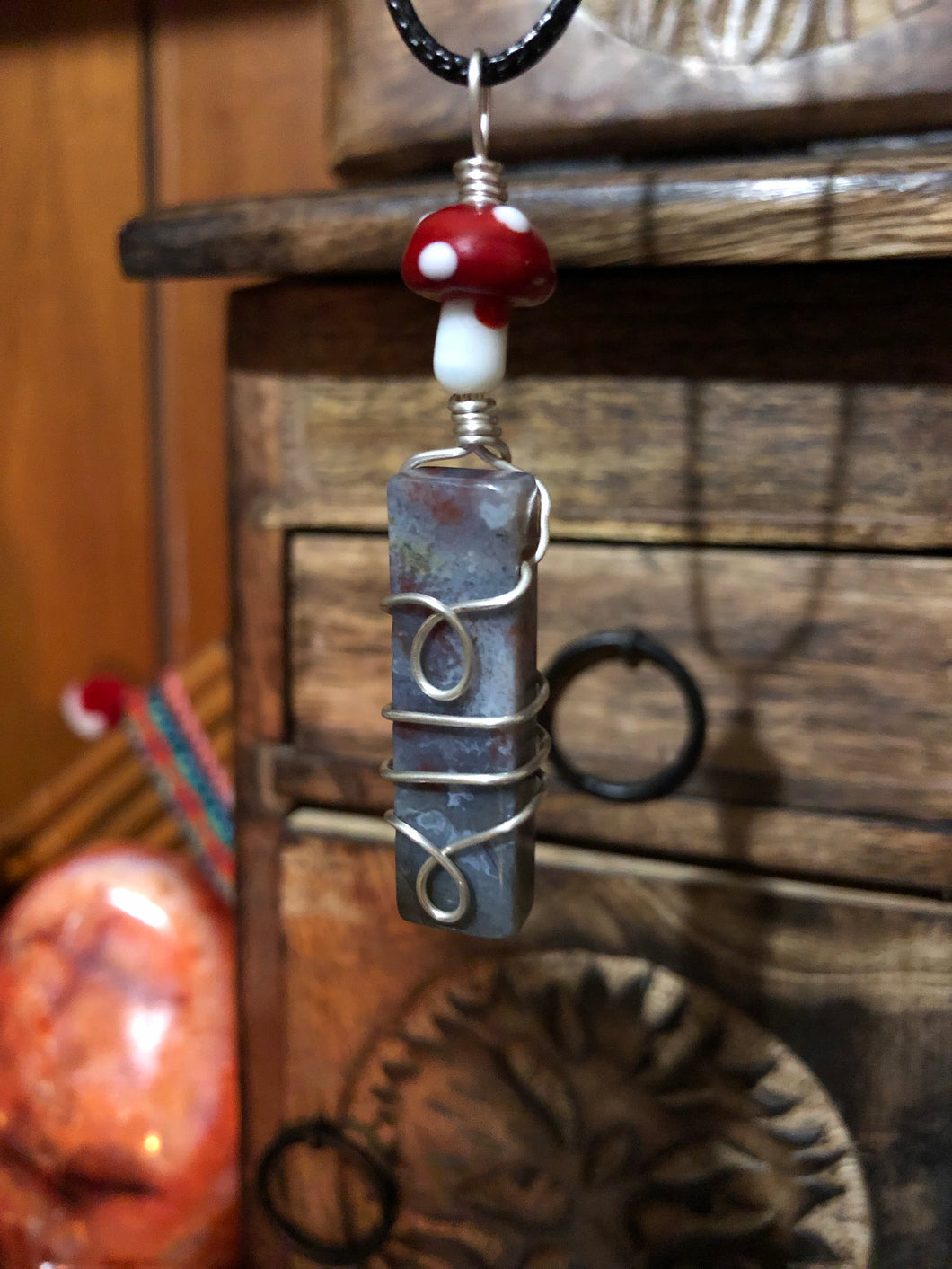 India Agate & Mushroom Wire Wrapped Necklace