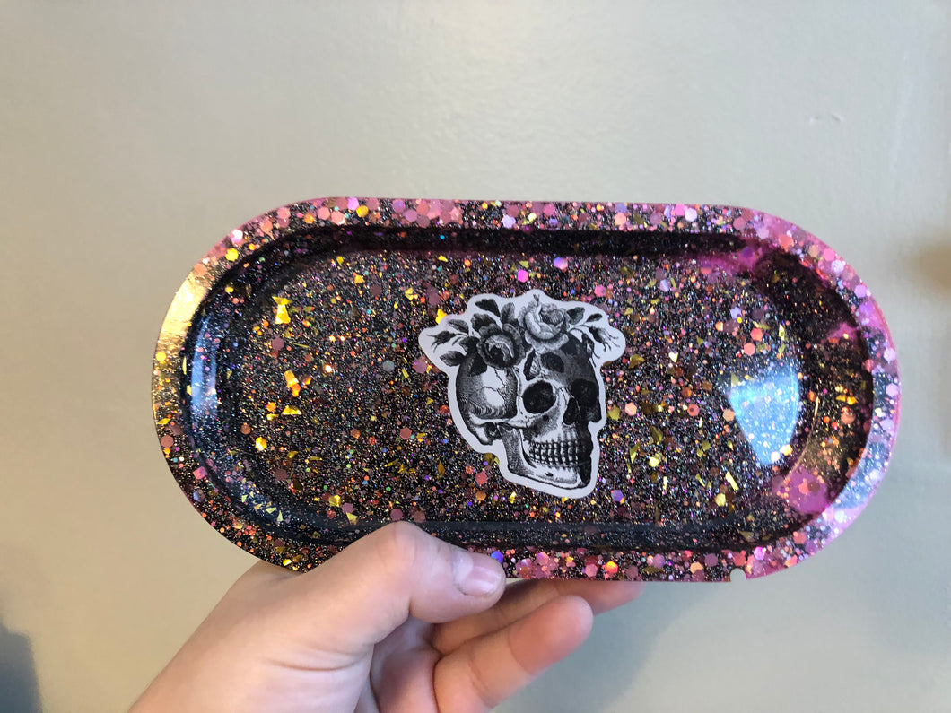 Black and Pink Floral Skull Tray