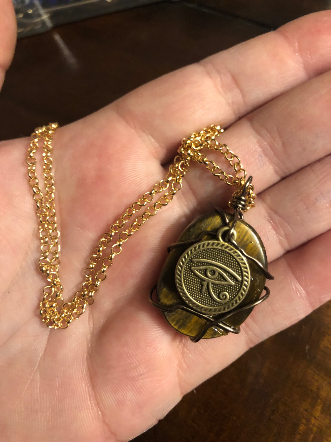 Tigers Eye/Evil Eye Wire Wrapped Necklace