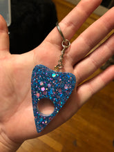 Load image into Gallery viewer, Little Blue &amp; Pink Glitter Ouija Planchette Keychain
